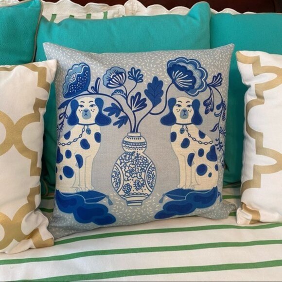 2 Staffordshire Dog Pillow Covers in Pink or Blue Chinoiserie New - Picture 7 of 16